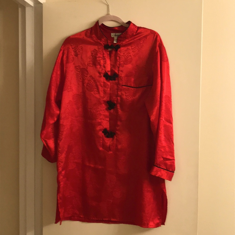 Red Chinese print nitey with frogs and black trim